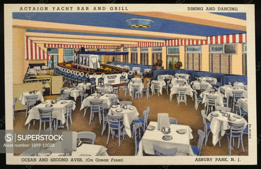 Actaion Yacht Bar and Grill. ca. 1938, Asbury Park, New Jersey, USA, ACTAION YACHT BAR AND GRILL, DINING AND DANCING, OCEAN AND SECOND AVES. (On Ocean Front), ASBURY PARK, N.J. Hello: Just stopped in at the Actaion Yacht Bar and Grill and had my favorite cocktails and a delicious Sea Food Dinner-Wish you were here to join me. 