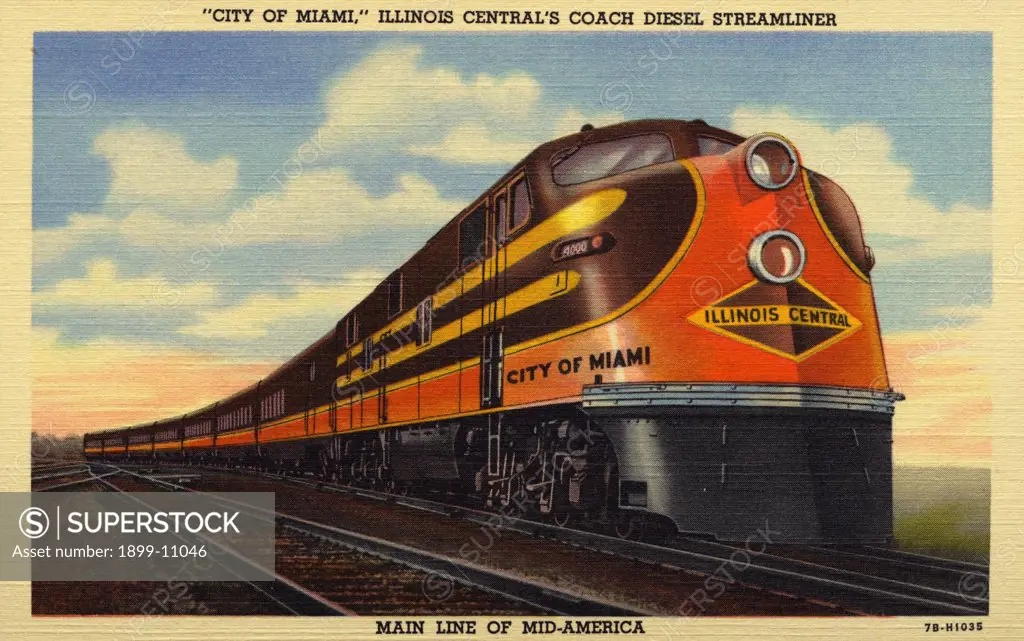 City of Miami Streamliner. ca. 1947, USA, 'CITY OF MIAMI,' ILLINOIS CENTRAL'S COACH DIESEL STREAMLINER, MAIN LINE OF MID-AMERICA. CITY OF MIAMI, Illinois Central's Luxury Coach Diesel Streamliner. Departures every third day from Chicago and Miami. 