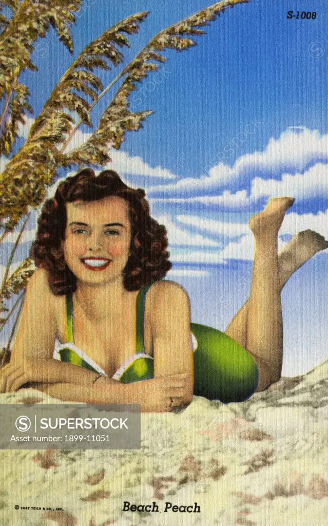 Girl Lying on the Beach. ca. 1946, Beach Peach. 
