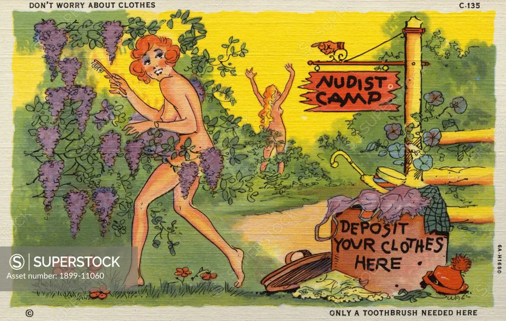 Cartoon of a Nudist Camp. ca. 1936, DON'T WORRY ABOUT CLOTHES, ONLY A TOOTHBRUSH NEEDED HERE. 