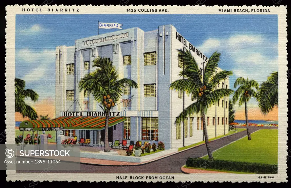 Hotel Biarritz. ca. 1936, Miami Beach, Florida, USA, HOTEL BIARRITZ, 1435 COLLINS AVE. MIAMI BEACH, FLORIDA. HALF BLOCK FROM OCEAN. HOTEL BIARRITZ, 1435 Collins Avenue. Between 14th and 15th Street, MIAMI BEACH. Beautifully furnished-Modern-Each room with Ocean View, Private Bath and Telephone-Attractive Veranda-Surf bathing from your room-Centrally located, yet away from the congested district.- 