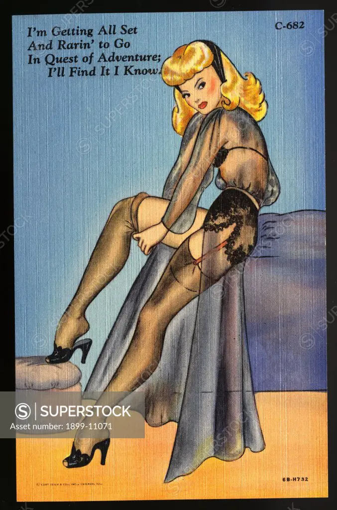 Illustration of Woman in Lingerie. ca. 1946, I'm Getting All Set, And Rarin' to Go, In Quest of Adventure: I'll Find It I Know. 