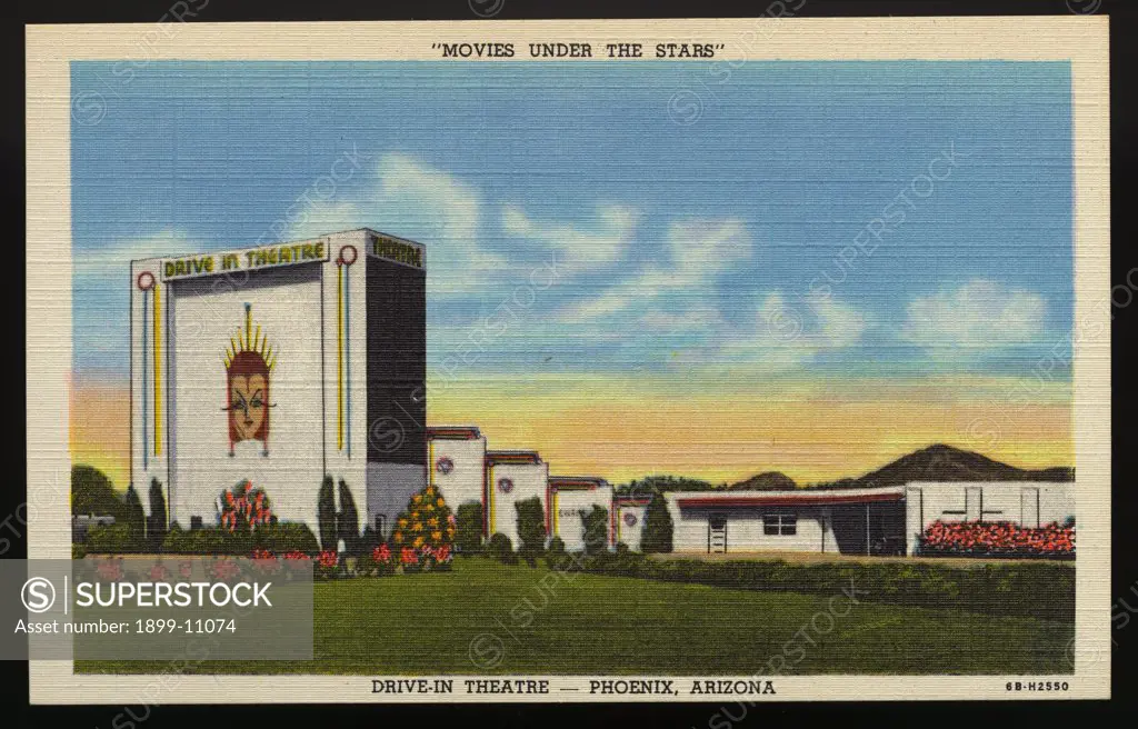 Drive-In Theater. ca. 1946, Phoenix, Arizona, USA, 'MOVIES UNDER THE STARS' DRIVE-IN THEATRE-PHOENIX, ARIZONA. DRIVE-IN THEATRE 'World's Finest Cinema Auto Amphitheatre, OPEN THE YEAR 'ROUND, 'MOVIES UNDER THE STARS' PHOENIX, ARIZONA. 