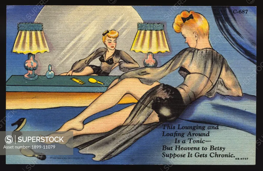 Woman Relaxing in Lingerie. ca. 1946, This Lounging and Loafing Around Is a Tonic-But Heavens to Betsy Suppose It Gets Chronic. 