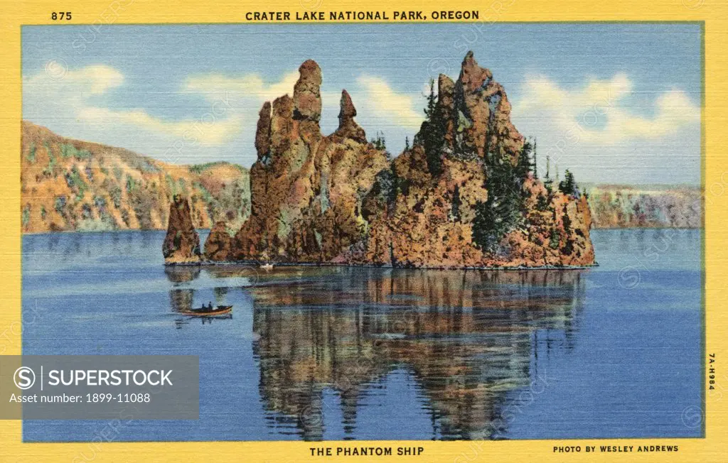 Rugged Island in Crater Lake. ca. 1937, Crater Lake National Park, Oregon, USA, 875. CRATER LAKE NATIONAL PARK, OREGON. THE PHANTOM SHIP. A weird rugged Island, its sharp pinnacle rising 175 feet above the surface of Crater Lake, in late afternoon shadows resembles a full-rigged schooner. 