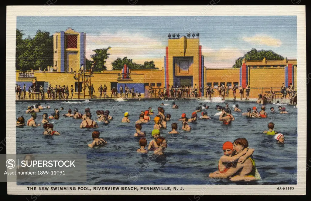 Swimming Pool at Riverview Beach. ca. 1936, Pennsville, New Jersey, USA, THE NEW SWIMMING POOL, RIVERVIEW BEACH, PENNSVILLE, N.J. Pool 75x150 feet with 60,000 gallons of purified water per hour. Spacious clean, white sand beaches, handball courts, modern lockers, hot and cold showers. Everything for the comfort of the patrons. Brilliantly lighted at night. Guards constantly on duty. The pool and equipment has no equal in this part of the country. 