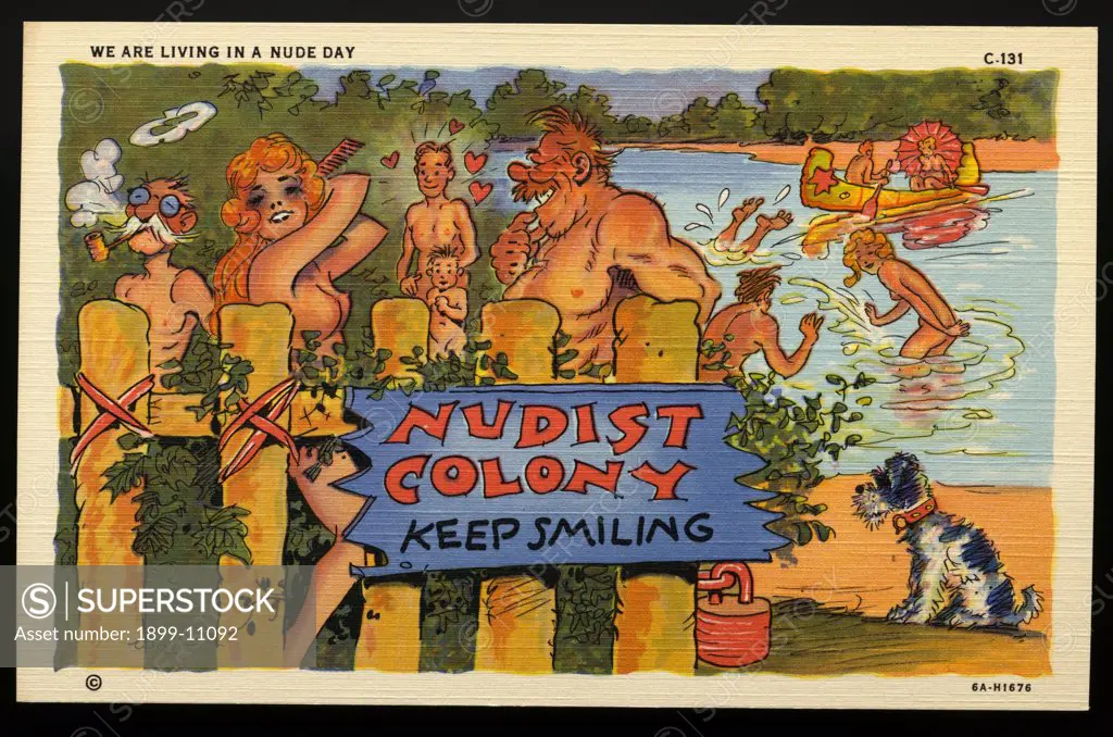 Cartoon of a Nudist Camp. ca. 1936, WE ARE LIVING IN A NUDE DAY. 