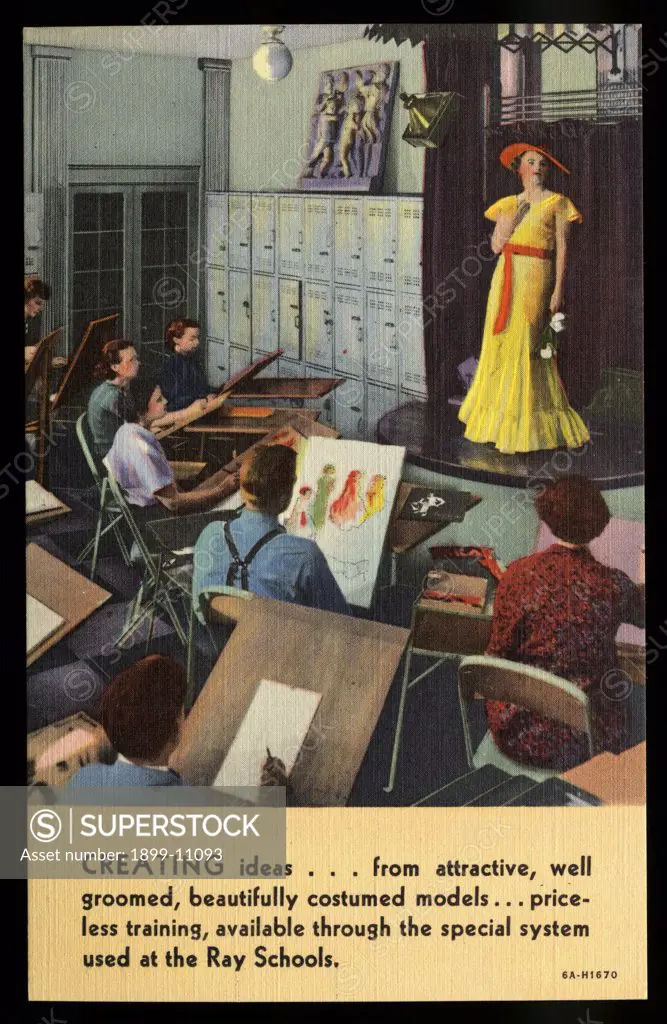 Art Class at Ray Schools. ca. 1936, Chicago, Illinois, USA, CREATING ideas...from attractive, well groomed, beautifully costumed models...priceless training, available through the special system used at the Ray Schools. Drawing from carefully chosen models is a vital factor in the astonishingly quick, marketable results obtained in the Classes of the Ray Schools. Many different mediums are used...charcoal, conte crayon, pastel, water color, dry brush, wash, and pen-and-ink. Emphasis is placed on
