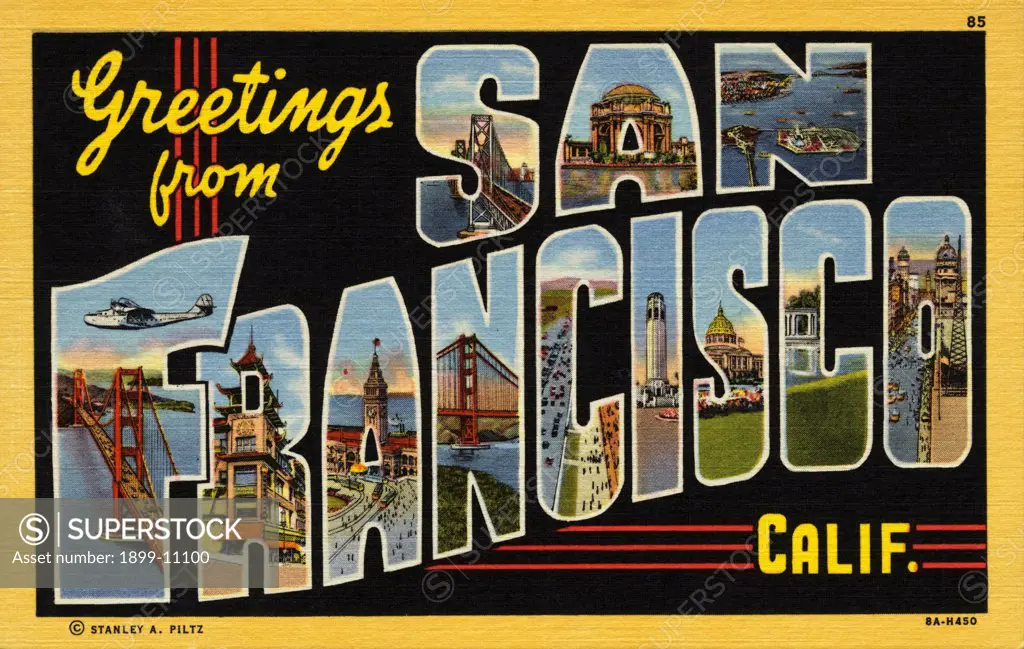 Greeting Card from San Francisco. ca. 1938, San Francisco, California, USA, SAN FRANCISCO. Queen City of the West occupies a 42 square mile area of many hills and overlooks the famous Golden Gate and San Francisco Bay, the finest natural harbor in the world. A Metropolitan area of two million people of exceedingly large wealth, culture, commercial and industrial enterprise has grown in this healthful bay region. The superb national advantages and indomitable pioneer spirit have already establish