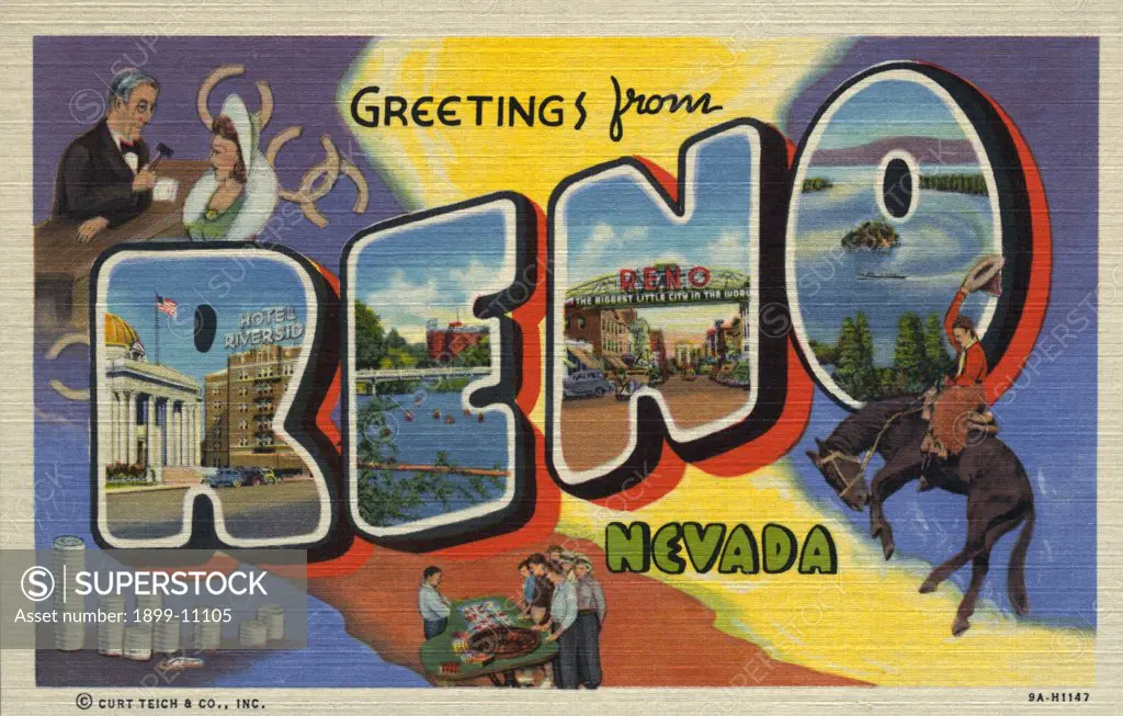 Greeting Card from Reno. ca. 1939, Reno, Nevada, USA, RENO, NEVADA. A City of 20,000 population, the largest city in Nevada, Reno, is noted for fine residential sections, excellent schools, and for many churches and modern business structures. It is the center of one of the finest recreational areas in the West, and enjoys an almost ideal climate. The University of Nevada and Mackay School of Mines are beautifully situated on a hilltop overlooking the city. Reno is familiarly referred to as 'The