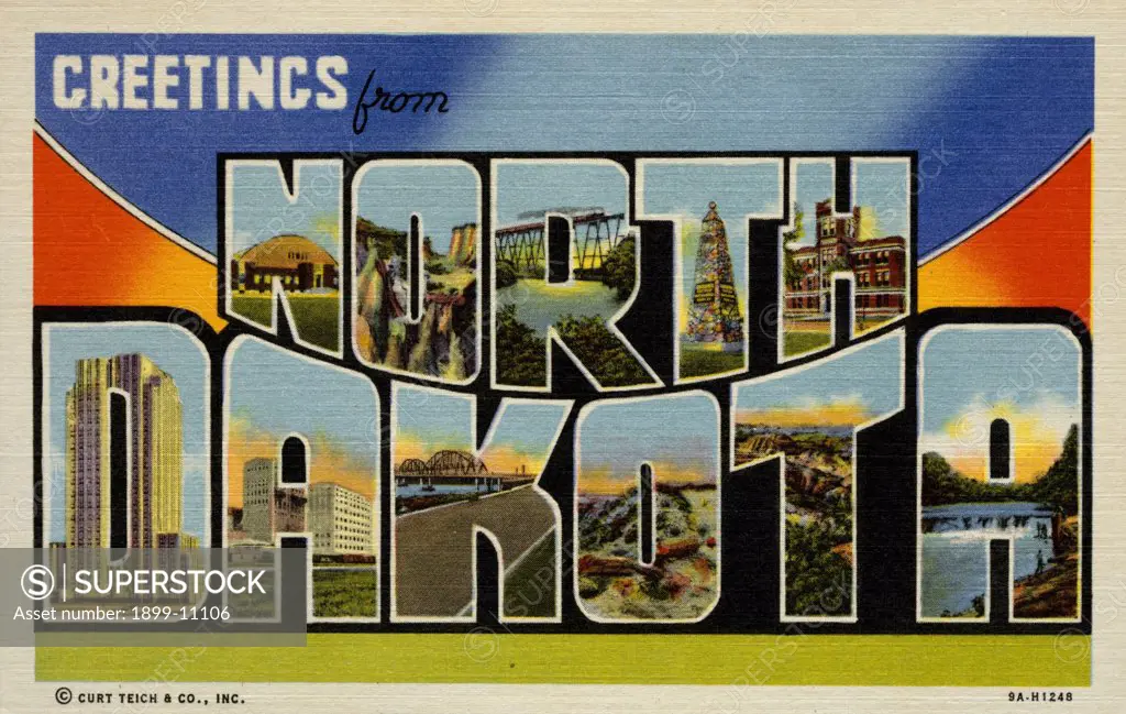 Greeting Card from North Dakota. ca. 1939, North Dakota, USA, N-University of N. Dak., Winter Sports Bldg. O-Sandstone Formations in the Bad Lands. R-N.P. High Line Bridge, Valley City. T-Geographical Center of N. America, Rugby. H-Agriculture College Building, Fargo. D-North Dakota State Capitol, Bismark. A-State Mill and Elevator, Grand Forks. K-Memorial Bridge over Missouri River. O-Petrified Logs in the Bad Lands. T-Cedar Canyon, Bad Lands. A-Red River Dam, Grand Forks. 