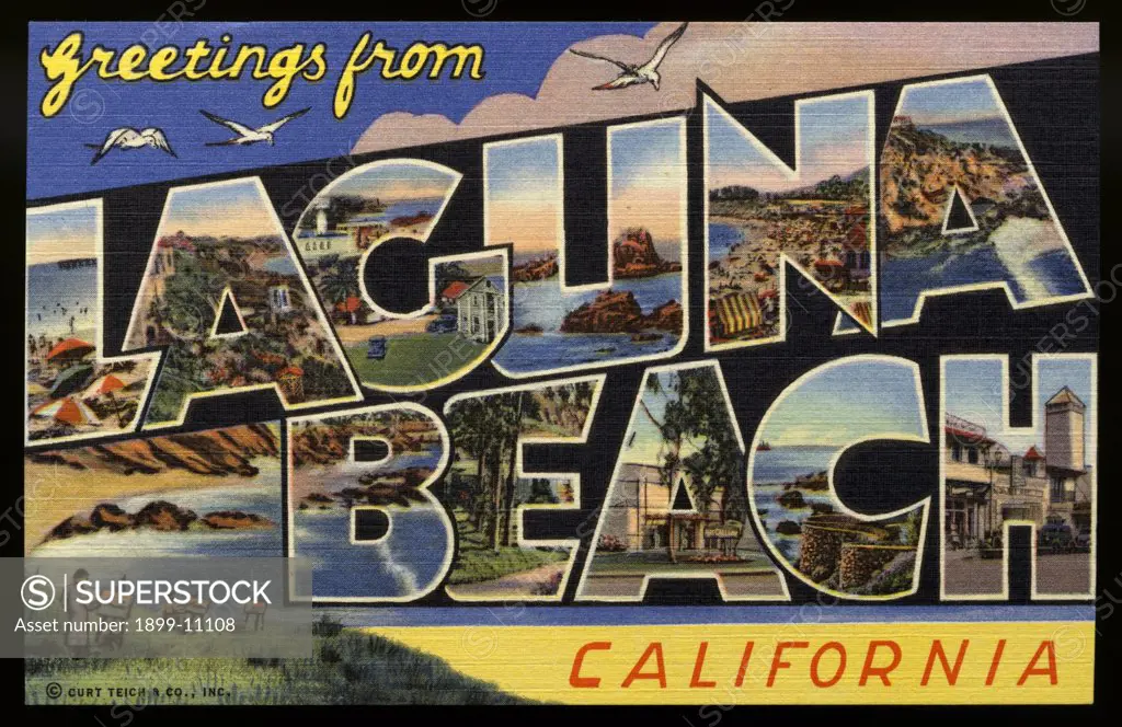 Greeting Card from Laguna Beach. ca. 1939, Laguna Beach, California, USA, Laguna Beach is the home of famous American Artists-playwrights, painters, musicians, writers and moving picture actors. The beaches, cliffs and lovely hills are a scene to remember. 