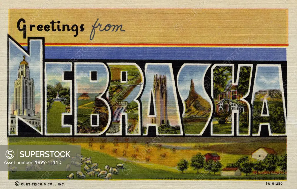 Greeting Card from Nebraska. ca. 1939, Nebraska, USA, N-New State Capitol, Lincoln. E-Formal Garden, Harmon Park, Kearney. B-Dome Rock, Scottsbluff National Monument. R-Public Power District, Columbus. A-Singing Tower, Omaha. S-Chimney  Rock, Oregon Trail. K-Former Residence of 'Buffalo Bill.' A-Scottsbluff National Monument. 