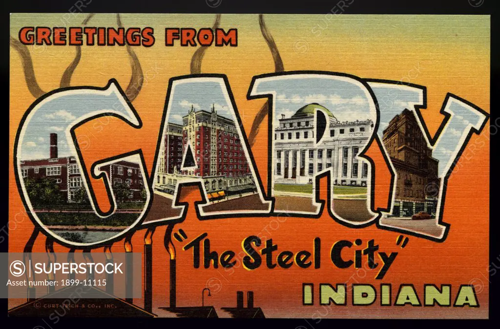 Greeting Card from Indiana. ca. 1945, Gary, Indiana, USA, G-Horace Mann High School. A-Gary Hotel. R-City Hall. Y-Knights of Columbus Club Hotel. 