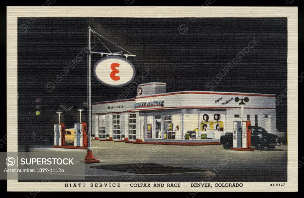 Hiatt Service Station. ca. 1948, Denver, Colorado, USA, HIATT SERVICE - COLFAX AND RACE - DENVER, COLORADO 