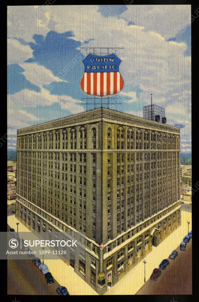 Union Pacific Building. ca. 1948, Omaha, Nebraska, USA, UNION PACIFIC BUILDING, OMAHA, NEBR. This handsome and massive structure houses the general offices of the Union Pacific Railroad. The neon-lighted sign on the roof is more than forty feet high. 