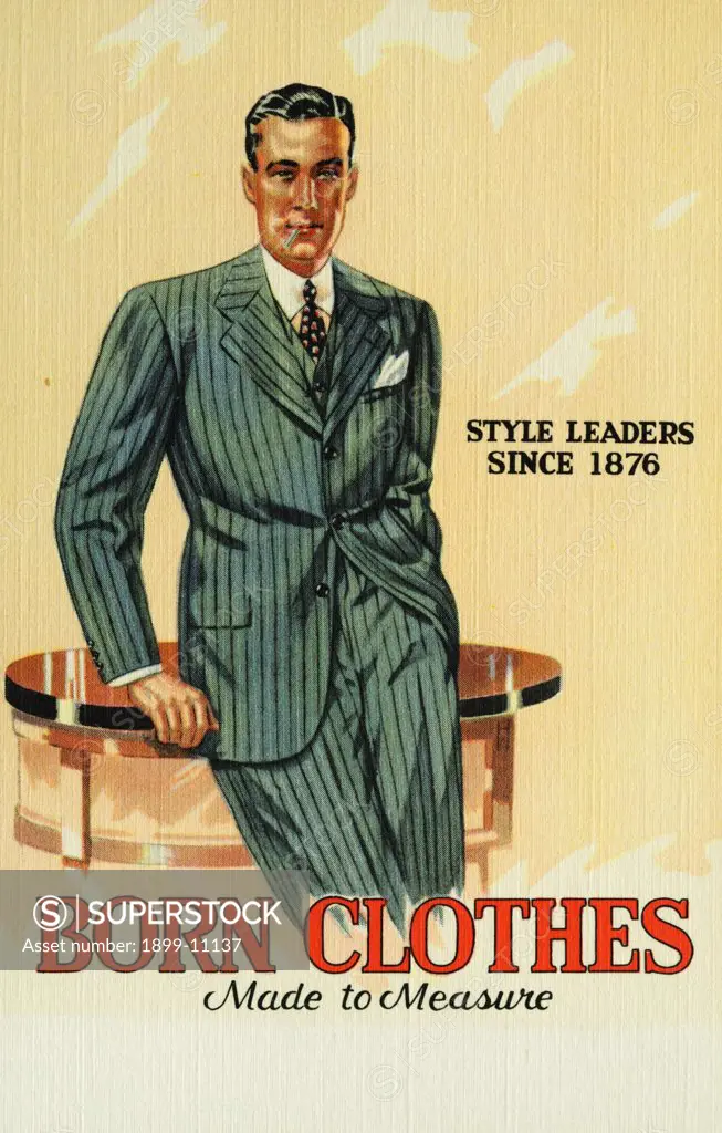 Tailored Suit by M.Born & Co.. ca. 1939, Announcing Our Advance Showing of Fashions and Fabrics for Fall and Winter - to be - TAILORED TO MEASURE by M. BORN & CO. All New Weaves - New Shades. Such a Wide Selection, too. Drop In Real Soon and See What is New in Woolens. 