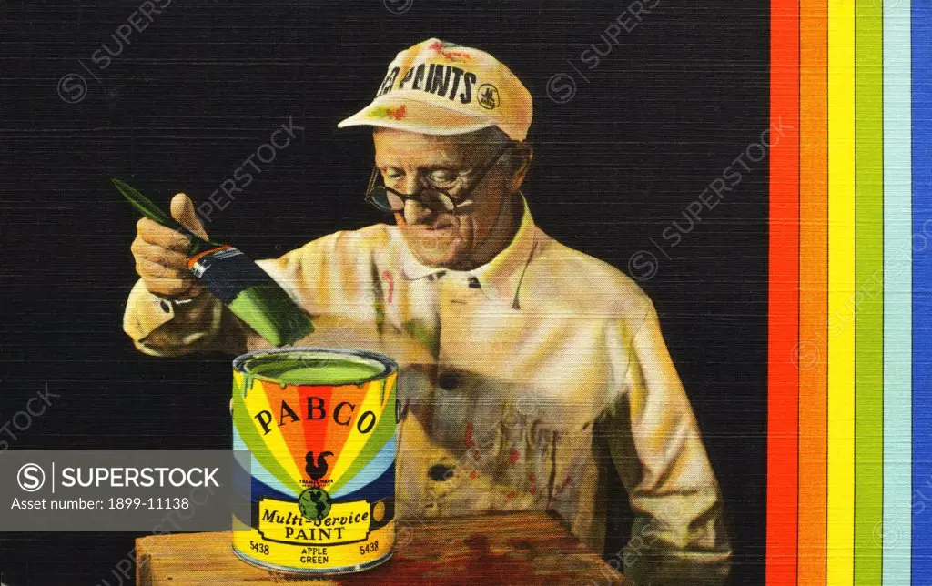 Painter with Pabco Paint. ca. 1938, Here's a card of introduction to the famous Pabco Painter, who says 'the difference between a house and a home is often found in a paint can.' We'd also like to make you acquainted with our economy plan for repainting your home. 