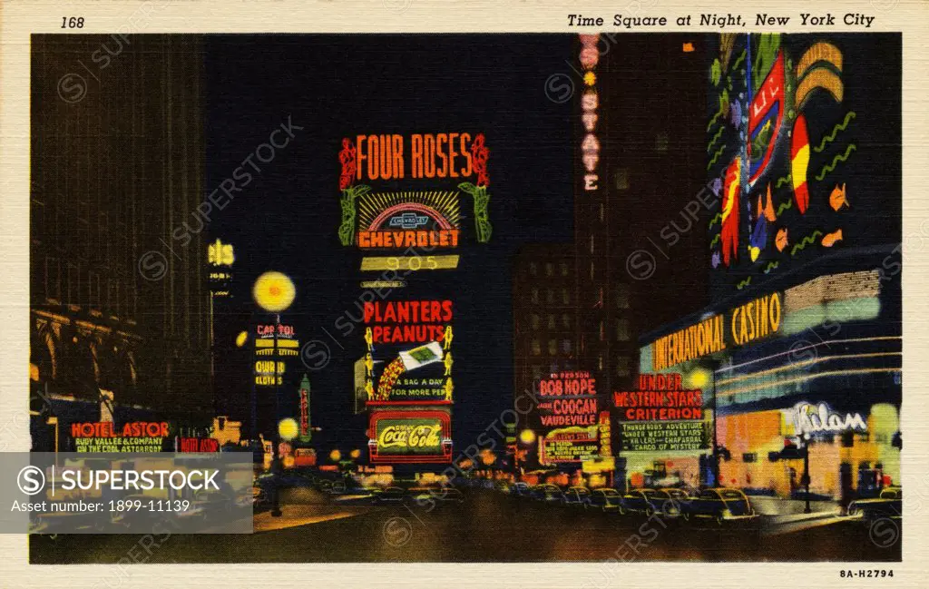Times Square. ca. 1938, Times Square, Manhattan, New York, New York, USA, Times Square, called by many the center of the world, after dark becomes a dazzling fairyland of flashing brilliance and color. This is the heart of the 'Great White Way' and the playground of the nation. 