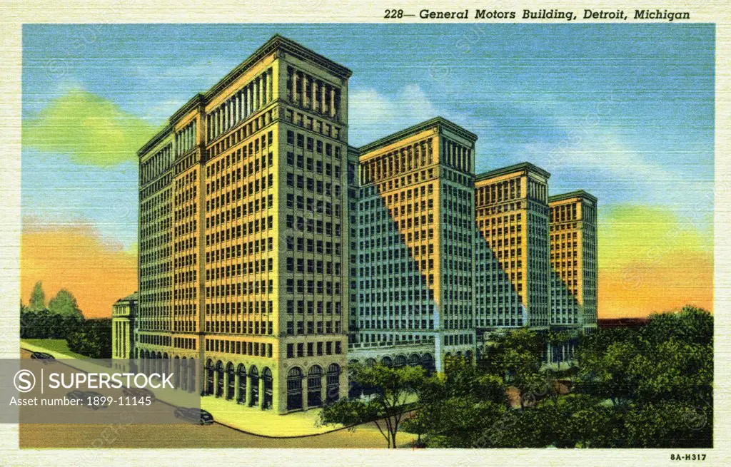 General Motors Building. ca. 1938, Detroit, Michigan, USA, General Motors Building, at West Grand Boulevard and Second, is the largest building of its kind in the world. It covers an area of 504 x 322 feet, is 15 stories high and requires the services of 24 elevators. A fine restaurant, offices, display rooms and exclusive shops occupy the entire building. 