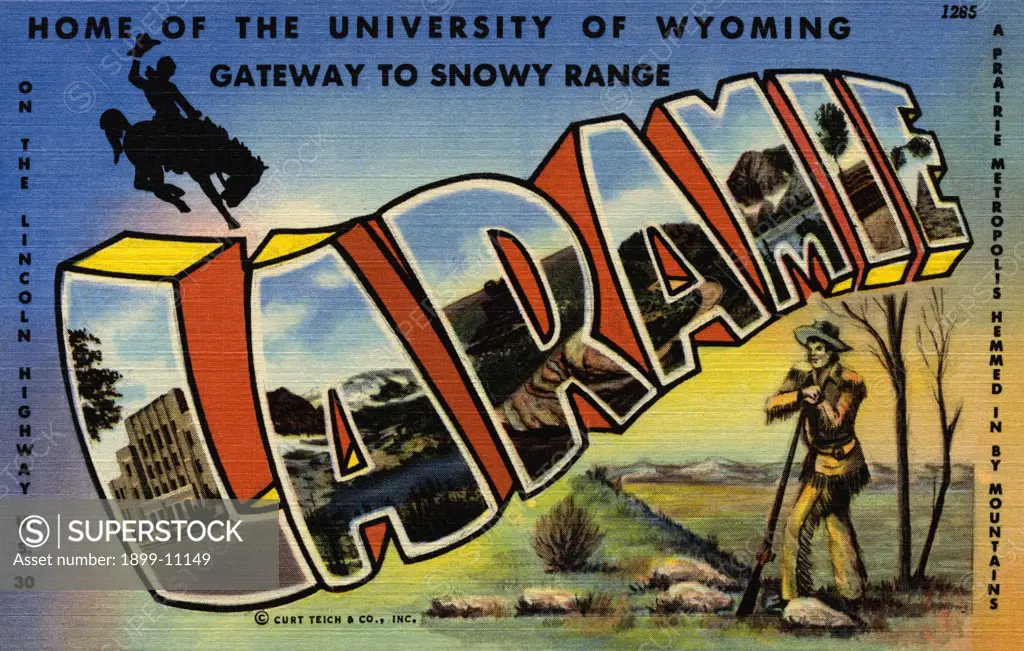Greeting Card from Wyoming. ca. 1948, Laramie, Wyoming, USA, Laramie lies in a vast plain, between famous Sherman Hill and the beautiful Snowy Range. It is the largest city, except for Cheyenne, in the southern portion of the state and one of the fastest growing. 