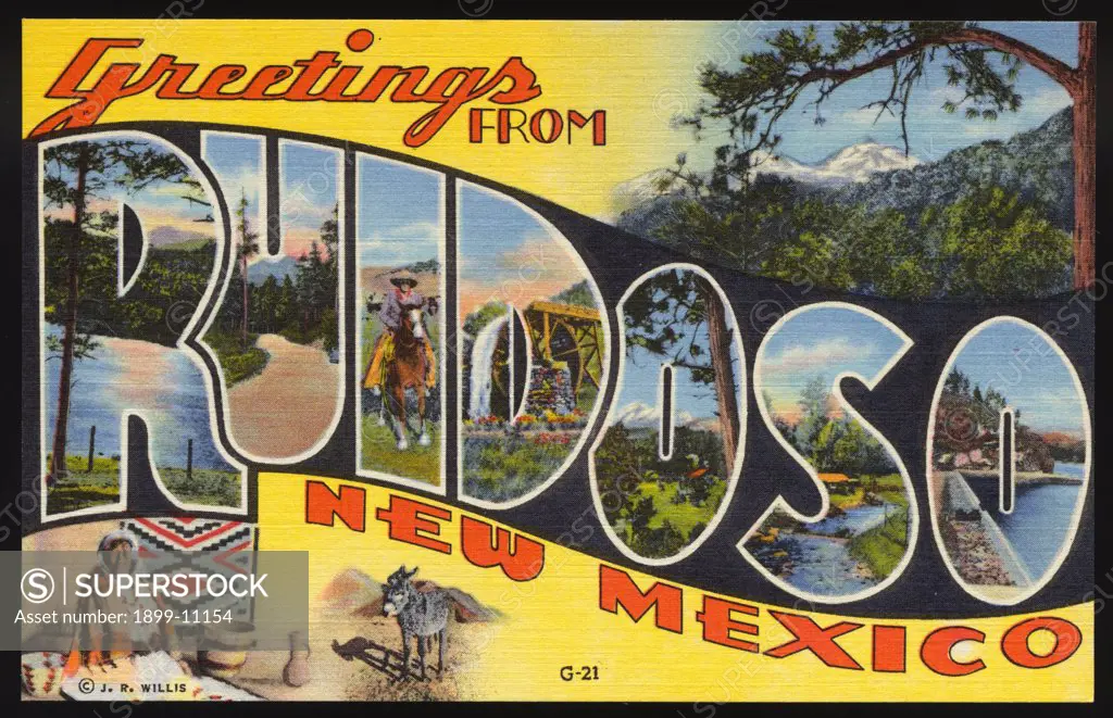 Greeting Card from New Mexico. ca. 1939, Ruidoso, New Mexico, USA, Ruidoso, New Mexico - a vacation land supreme. The beauty of the Lincoln National Forest, the romance of Billy the Kid Land, the Mescalero Apache Indian Reservation and the Great White Sands to the west - all these in addition to the advantages offered for fishing, hiking, riding and golfing combine to make a delightful resort. Blankets and campfires are usually welcome at night in summer, while in winter snow sports - skiing and