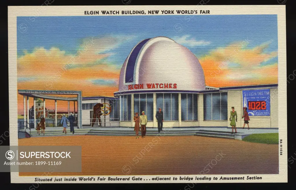 Elgin Watch Building at World's Fair. ca. 1939, New York, New York USA, Features of the Elgin Watch Building at the New York World's Fair include a fully equipped astronomical observatory and watch museum. There's an exhibit of technical achievements in watchmaking. America's most modern watches are also displayed. P.S. I've just heard how time is taken from the stars. It's exciting. Take my advice and make the Elgin Watch Building the starting point for all your World's Fair sightseeing. It's s