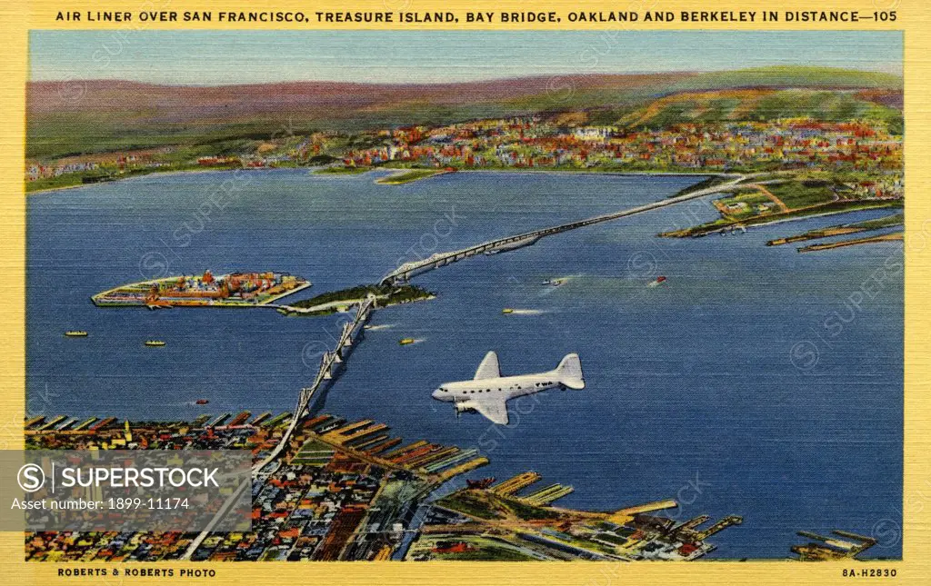 Airliner over San Francisco Bay. ca. 1938, San Francisco, California, USA, Arrival of a luxurious Air Liner over San Francisco, after a coast to coast flight of 16 hours from New York. A thrilling climax is the view of San Francisco and Bay with its great Bridges, Oakland, Berkeley and other Bay cities, also the Pacific Ocean and Treasure Island. 