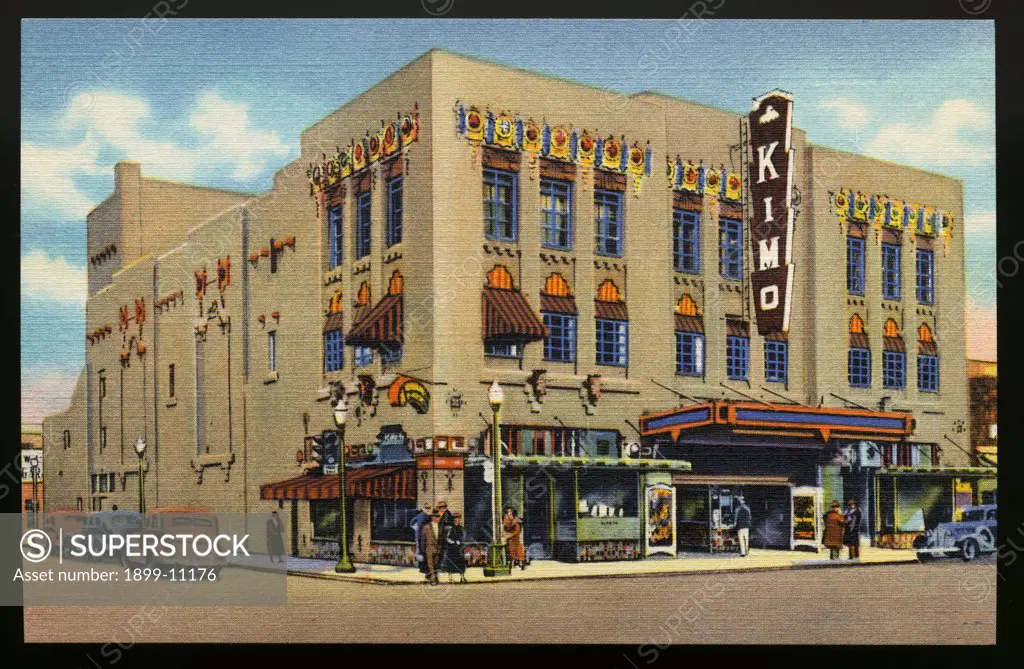 Kimo Indian Theatre. ca. 1938, Albuquerque, New Mexico, USA, A-3 KIMO, AMERICA'S FOREMOST INDIAN THEATRE, ALBUQUERQUE, NEW MEXICO. The Kimo Theatre Building expresses architecturally, in its composite design, the traditions of New Mexico and the old Southwest. One of the few typically American Indian architectural expressions, with a suggestion of the Spanish in its contours, this unusual edifice, both inside and out, provides an atmosphere of historical romance unequalled elsewhere in America. 