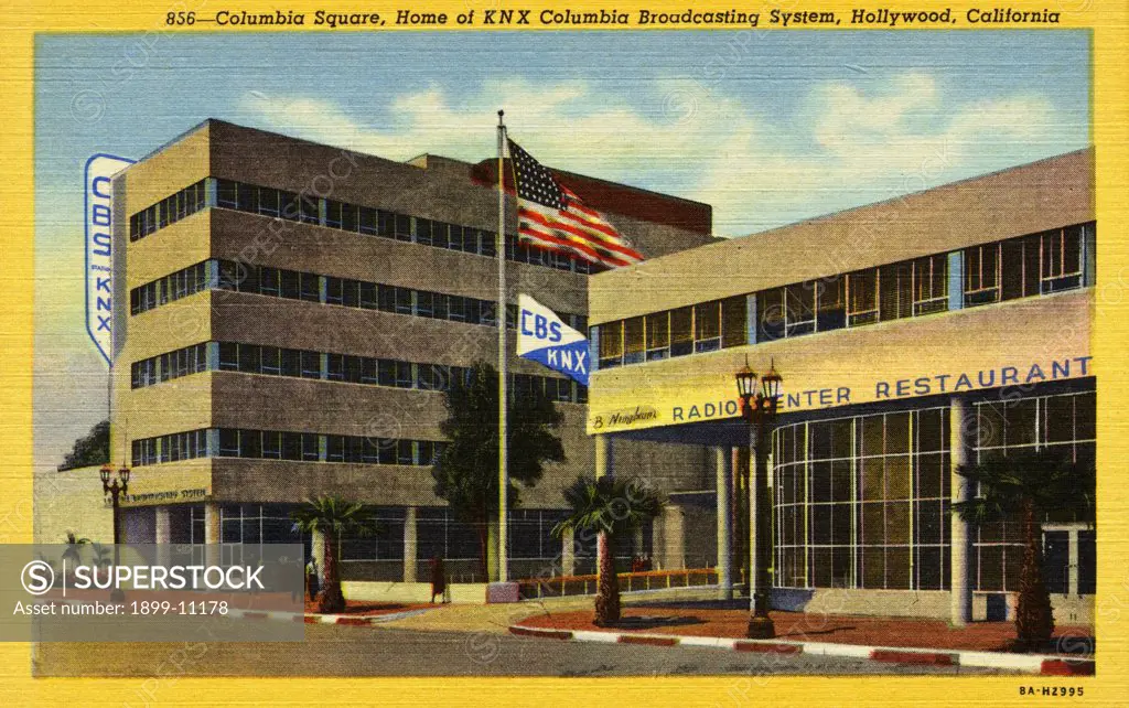 Columbia Broadcasting System at Columbia Square. ca. 1938, Hollywood, California, USA, A magnificent new structure, the Pacific Coast Home of the Columbia Broadcasting System, now stands on the spot where the motion picture industry first took root in Hollywood in October of 1911, - now Columbia Square. Located on Sunset Boulevard, one of the principal traffic ribbons threading its way through the entertainment capital of the world - a five story office building, ten studios, including the Playh