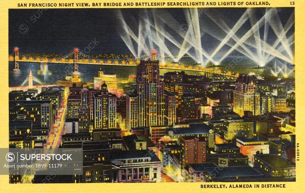 Searchlight Display in San Francisco Bay. ca. 1938, San Francisco, California, USA, SAN FRANCISCO NIGHT VIEW. Brilliant and dazzling are the Searchlight displays on San Francisco Bay from the Battleships of the Pacific Fleet. These radiant night shafts of light accentuate the lights of Market Street, 'The Path of Gold' and the East Bay Shore. 