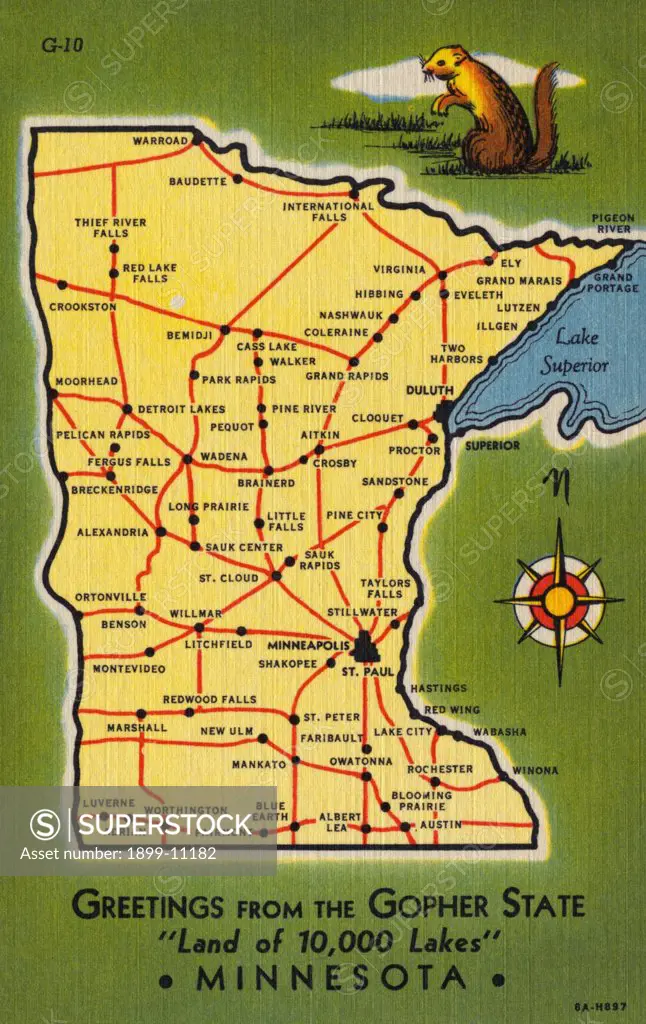 Minnesota State Map. ca. 1938, Minnesota, USA, GREETING FROM THE GOPHER STATE 'Land of 10,000 Lakes' MINNESOTA 