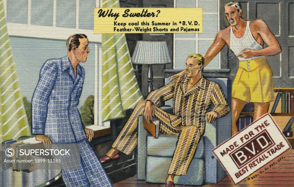 B.V.D. Shorts and Pajamas. ca. 1938, You can be comfortable this summer if you change to B.V.D. Hot Weather fabrics in Pajamas, Shirts Shorts and Unionsuits. Light as a feather, cool as an ocean breeze, they actually let your body breathe. Your size is here. Come in tomorrow. 