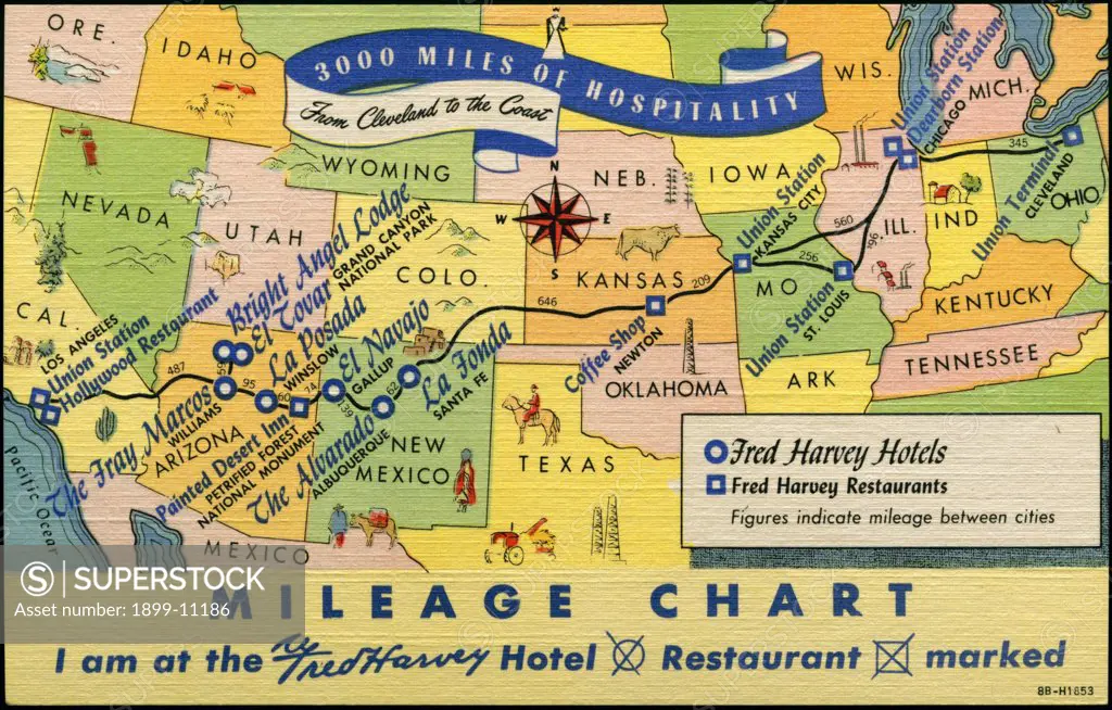 US Mileage Chart Map with Hotels and Restaurants. ca. 1948, USA, Fred Harvey Hotels - Shops - Restaurants. From the shores of the Great Lakes to the orange groves of California, the transcontinental highways traverse regions rich in scenic interest. New Mexico with its mesas and pueblos, its ancient cliff-dwellings and old Spanish missions ... Arizona with its Grand Canyon, Painted Desert, petrified Forest and colorful Indian Country. Along the way Fred Harvey Hotels and Restaurants provide conv