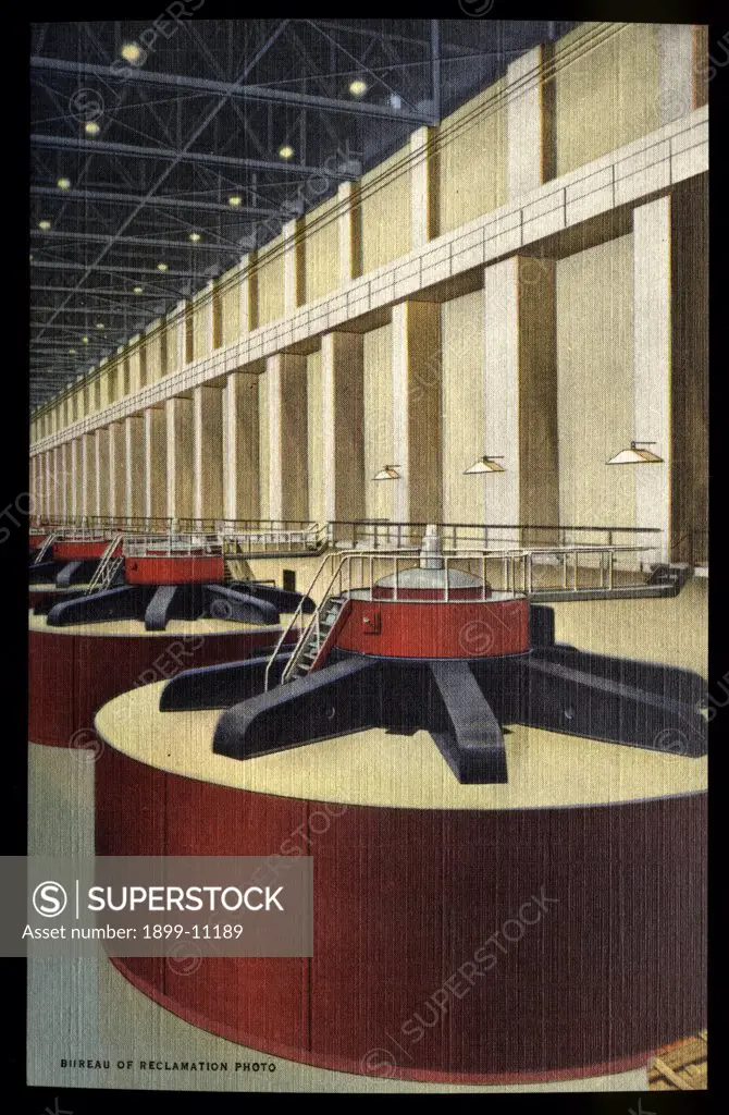 Turbines at Grand Coulee Dam. ca. 1948, Washington, USA, 312 - INTERIOR OF THE POWER HOUSE, GRAND COULEE DAM, WASHINGTON. The power plant at grand Coulee Dam is the largest in the world, ultimately eighteen turbines of 150,000 h.p. rated capacity, nine in each of two powerhouses, these driving an equal number of 108,000 kw. generators, and three 14,000-h.. turbines driving 10,000-kw. generators for a total rated capacity of 2,742,000 horsepower in turbines and 1,974,000 kilowatts in generators. 