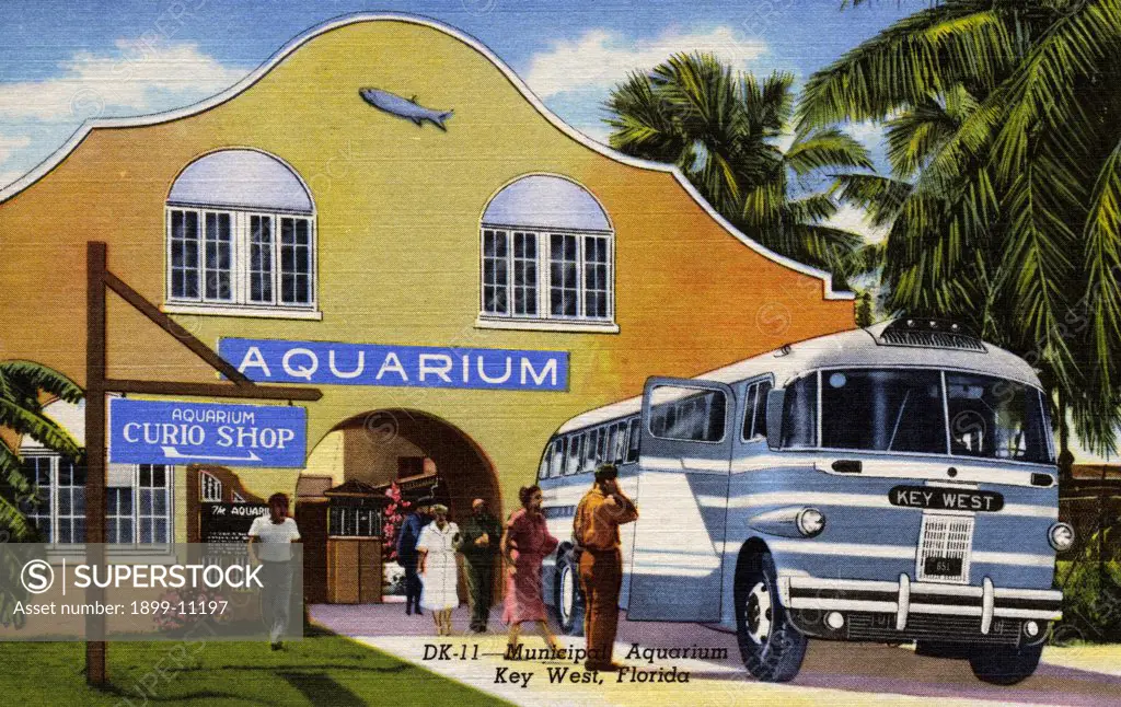 Tour Bus at the Municipal Aquarium. ca. 1948, Key West, Florida, USA, An interesting sight in Key West, Fla., the southernmost city in the United States, is the Municipal Aquarium, where new specimens of the fish inhabiting these waters are added to the open-air tanks daily. 