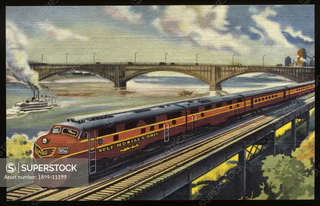 Gulf Mobile & Ohio Streamliner. ca. 1948, Near Saint Louis, Missouri, USA, One of the GULF, MOBILE & OHIO'S fleet of Chicago-St. Louis streamliners along the banks of the Mississippi near St. Louis. GM&O has the short, double-tracked route between these two cities with six diesel-powered, air-conditioned trains daily in each direction. 