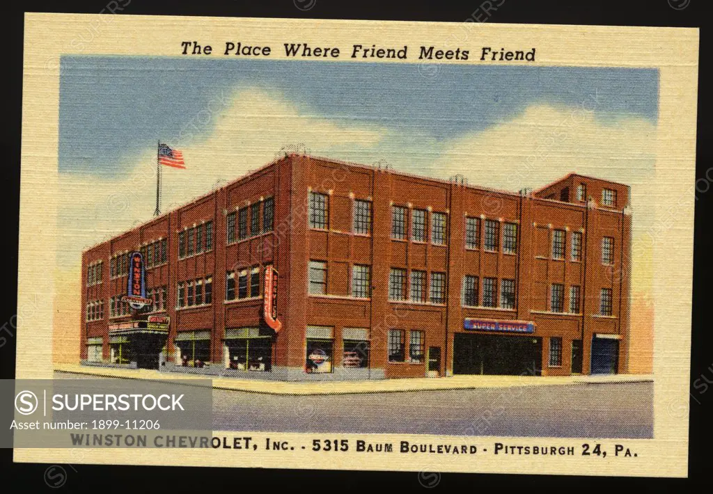 Win ton Chevrolet. ca. 1948, Pittsburgh, Pennsylvania, USA, The Place Where Friend Meets Friend. WINSTON CHEVROLET, Inc. 5315 BAUM BOULEVARD, PITTSBURGH 24, PA. 