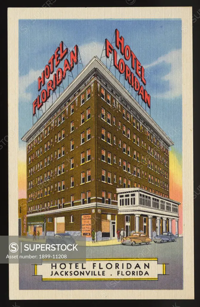 Hotel Floridan. ca. 1948, Jacksonville, Florida, USA, HOTEL FLORIDAN 'In the Hear of Downtown' JACKSONVILLE, FLORIDA. 'One of Florida's Better Popular Priced Hotels' AIR-CONDITIONED. 100% Fireproof ... Outside Fire Escapes ... 150 Large Rooms ... Beautyrest Mattresses ... Radio and Television in Rooms ... Coffee Shop ... Dining Shop ... Beauty Salon ... Garage - Connecting with Hotel. 