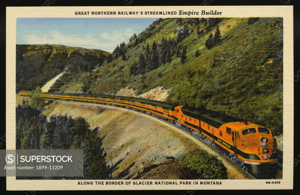 Great Northern Railway Streamliner. ca. 1948, Montana, USA, Five de luxe Empire Builders are in daily service on a rapid schedule between Chicago and Seattle - Portland, by way of St. Paul, Minneapolis and Spokane. These streamliners provide, at no extra fare, luxury and comfort for the traveler through the varied territory between the Great Lakes and Puget Sound. 