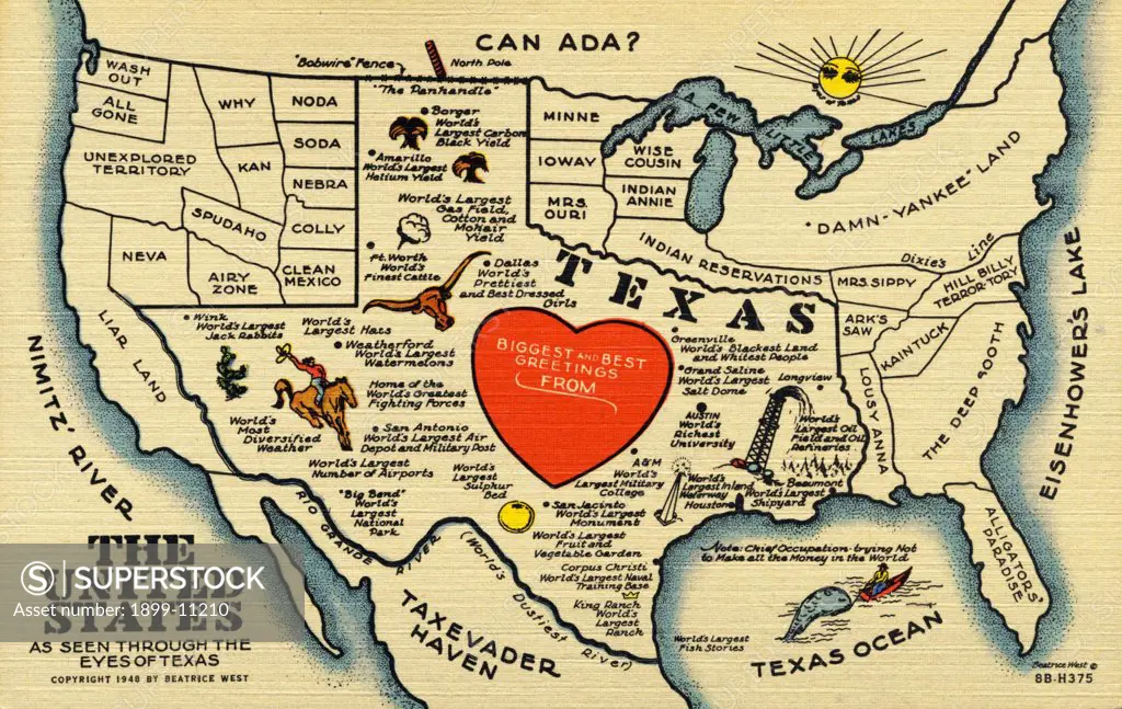 United States and Texas State Map. ca. 1948, Texas, USA, THE UNITED STATES AS SEEN THROUGH THE EYES OF TEXAS 
