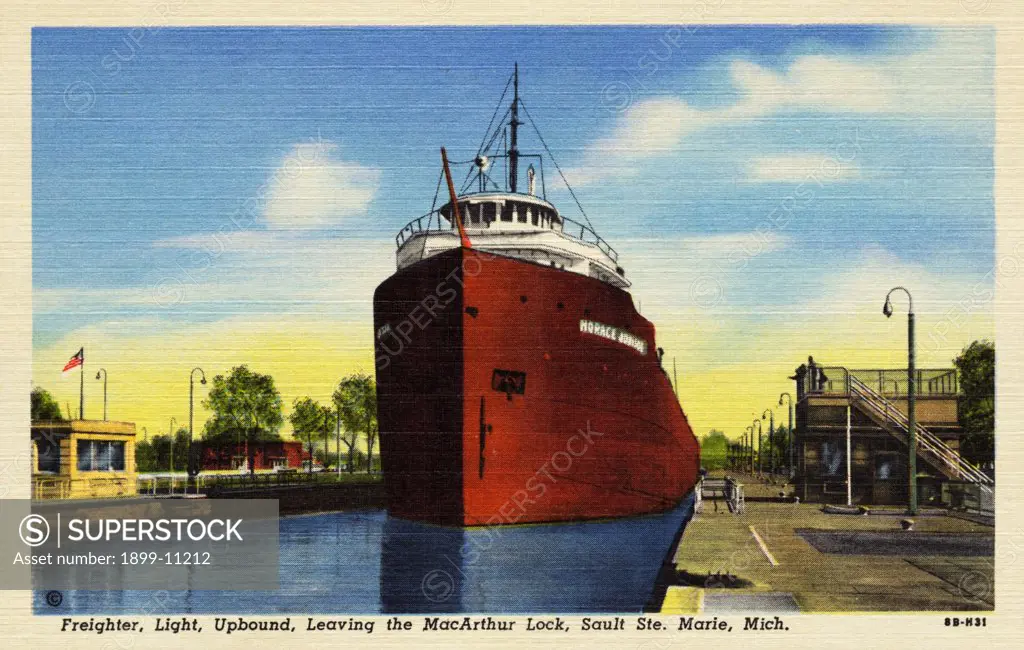 Freighter in the MacArthur Lock. ca. 1948, Sault Saint Marie, Michigan, USA, Freighter, Light, Upbound, Leaving the MacArthur Lock, Sault Ste. Marie, Mich. 