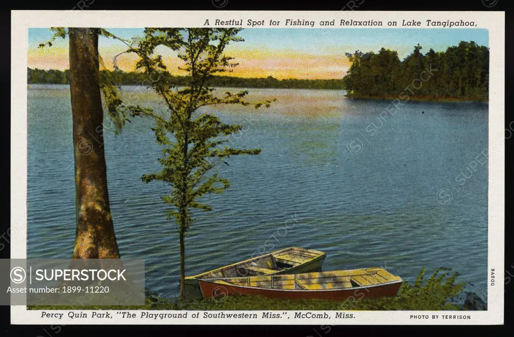 Lake Tangipahoa. ca. 1939, McComb, Mississippi, USA, A Restful Spot for Fishing and Relaxation on Lake Tangipahoa. Percy Quin Park, 'The Playground of Southwestern Miss.', McComb, Miss. 