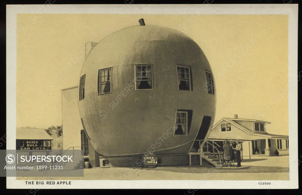 Big Red Apple. ca. 1928, Wathena, Kansas, USA, The Big Red Apple. 30 feet high. HUNT BROS. ORCHARD, WATHENA, KAS. Stop at Miller's Pharmacy for high class Fountain Service. 