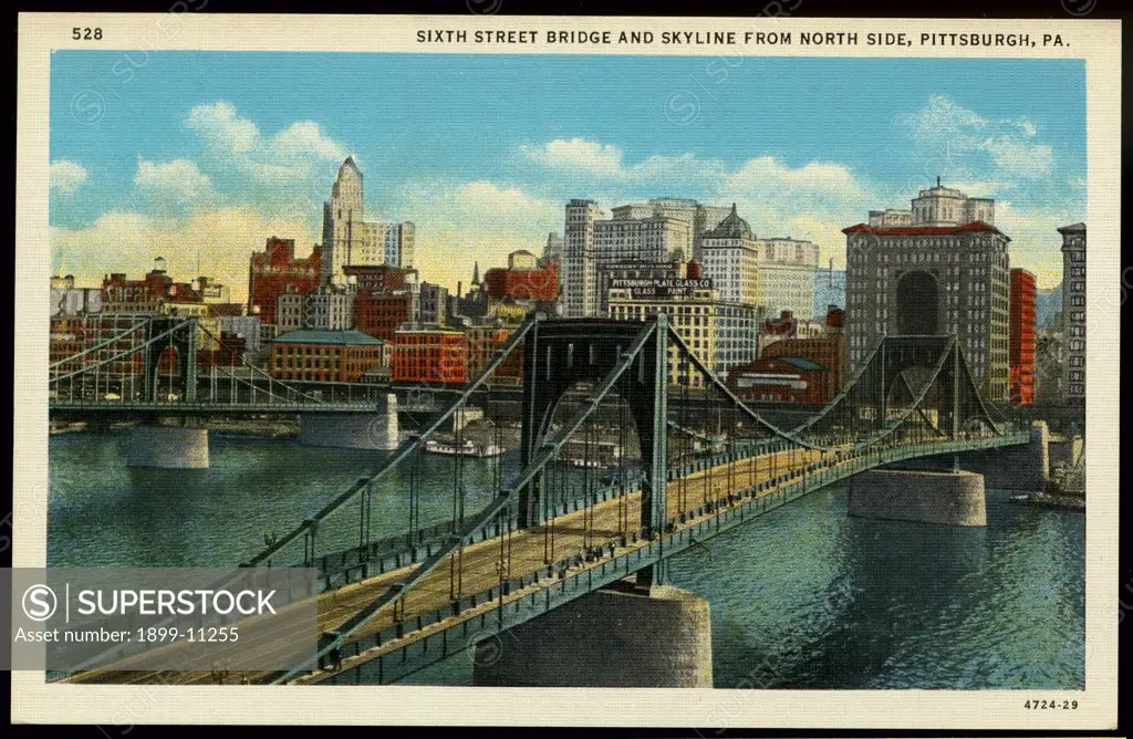 Sixth Street Bridge and Skyline. ca. 1929, Pittsburgh, Pennsylvania, USA, PITTSBURGH PROMOTES PROGRESS. SIXTH STREET BRIDGE AND SKYLINE FROM NORTH SIDE, PITTSBURGH, PA. 