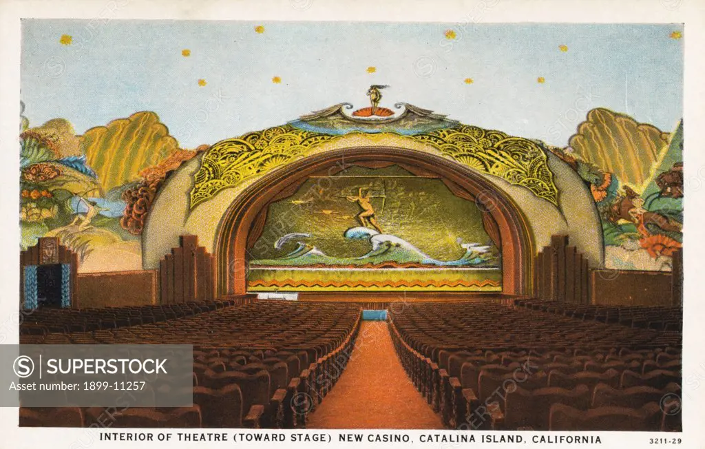 Stage Inside a Theater. ca. 1929, INTERIOR OF THEATRE (TOWARD STAGE) NEW CASINO, CATALINA ISLAND, CALIFORNIA. 