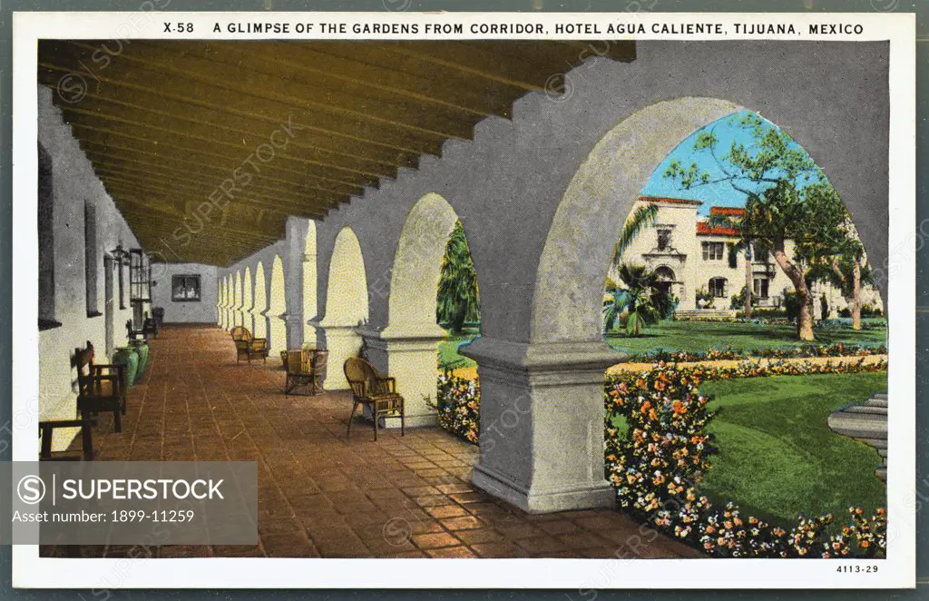 Hotel Agua Caliente. ca. 1929, Tijuana, Mexico, A GLIMPSE OF THE GARDENS FROM CORRIDOR, HOTEL AGUA CALIENTE, TIJUANA, MEXICO. 