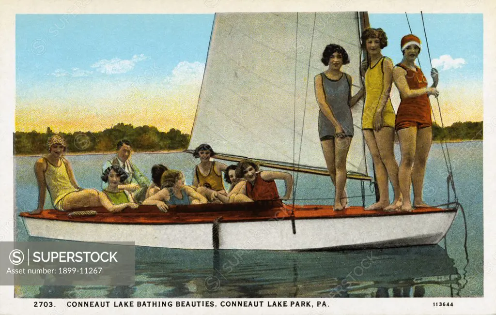 Bathing Beauties on a Sailboat. ca. 1927, Pennsylvania, USA, CONNEAUT LAKE BATHING BEAUTIES, CONNEAUT LAKE PARK, PA. 