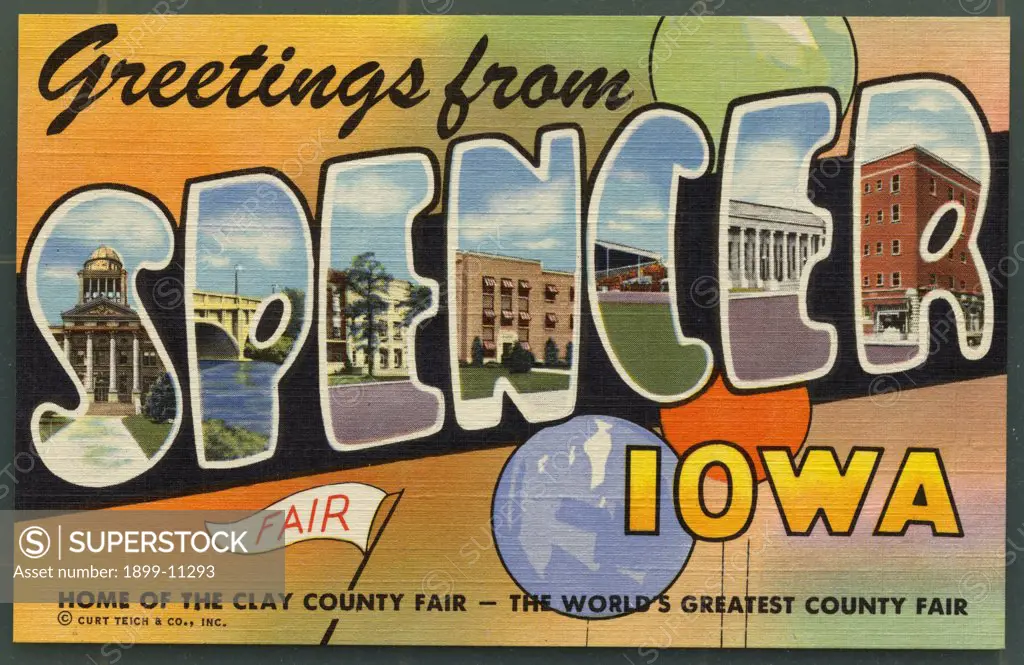Greeting Card from Iowa. ca. 1949, Spencer, Iowa, USA, Spencer, County Seat of Clay County, has a population of 8300. Located in Northwestern Iowa on U.S. Highways 18 and 71. Spencer is the Gateway to Iowa's Great Lakes Region. Spencer is the home of the Clay County Fair, The Worlds Greatest County Fair. S-Clay County Court House. P-Bridge over Little Sioux River. E-High School Auditorium. N-Spencer Hospital. C-Grand Stand. E-U.S. Post Office. R-Tangney Hotel. 