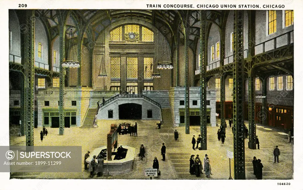 Concourse at Chicago Union Station. ca. 1925, Chicago, Illinois, USA, TRAIN CONCOURSE. CHICAGO UNION STATION. This majestic new railroad terminal occupies the entire block bounded by Jackson Boulevard, Adams Street, Canal and Clinton Streets. It furnishes accommodations to four railroads, the Pennsylvania, Chicago, Burlington and  Quincy: Chicago Milwaukee & St. Paul and the Chicago and Alton Companies. The passenger station in itself is a massive rectangular edifice of white marble and with all